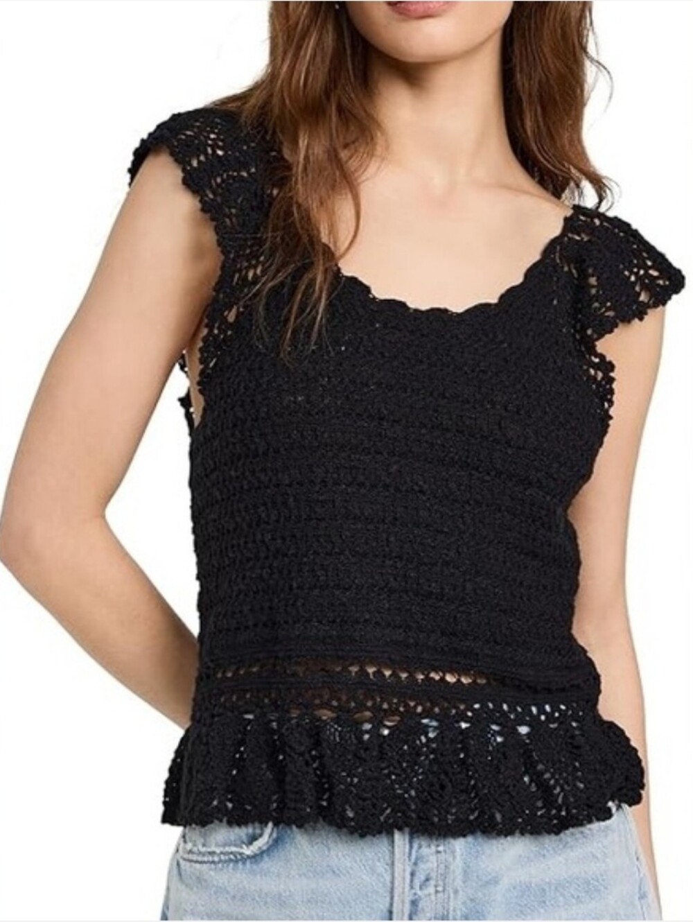 Rails Hattie Crochet Peplum Sleeveless Top Black Medium